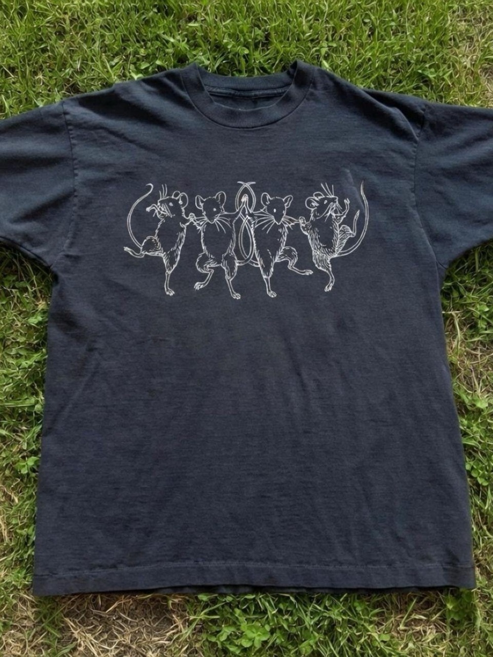 Black Graphic Tee with Dancing Rats Line Arts